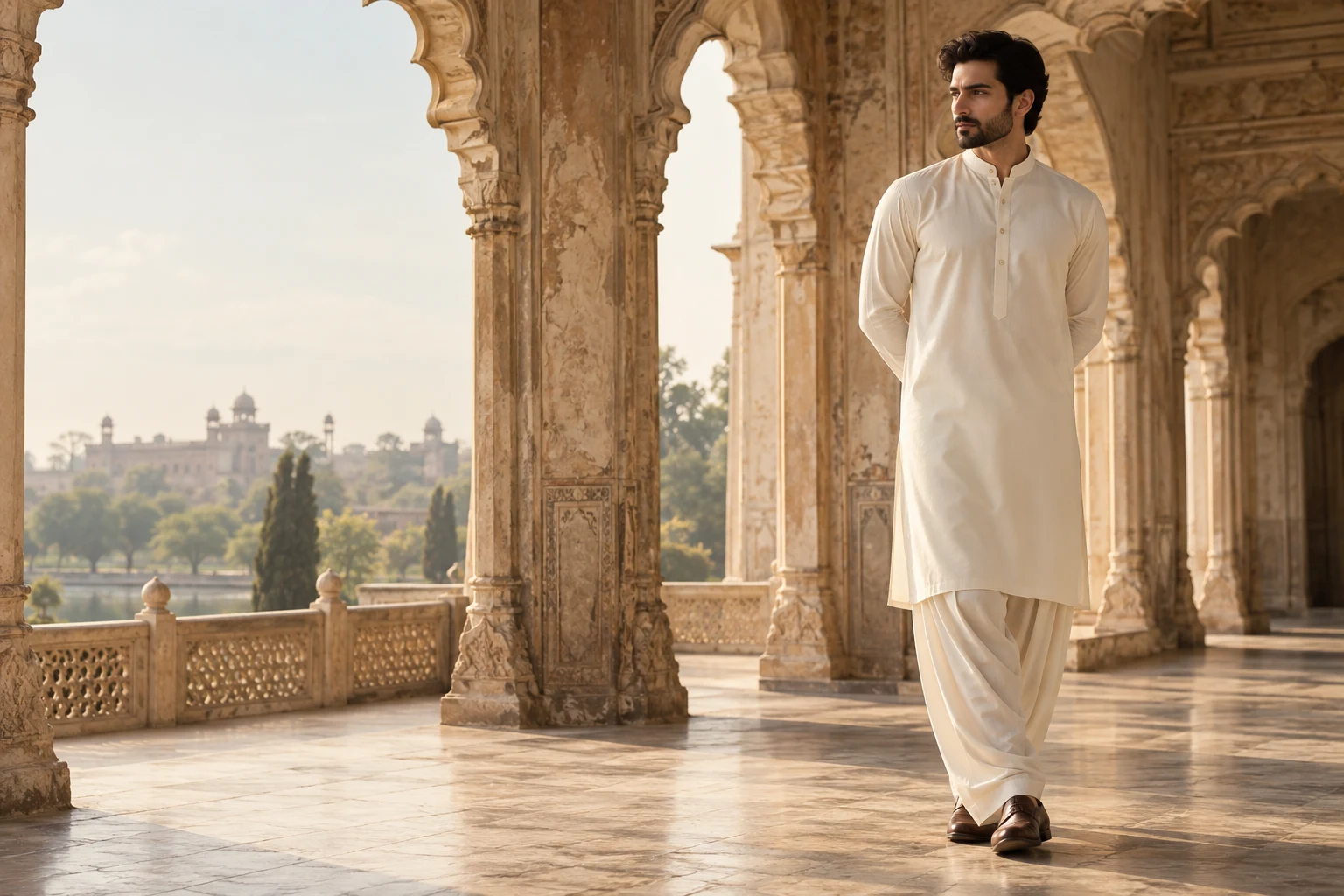 Pakistani gentleman wearing ivory shalwar kameez