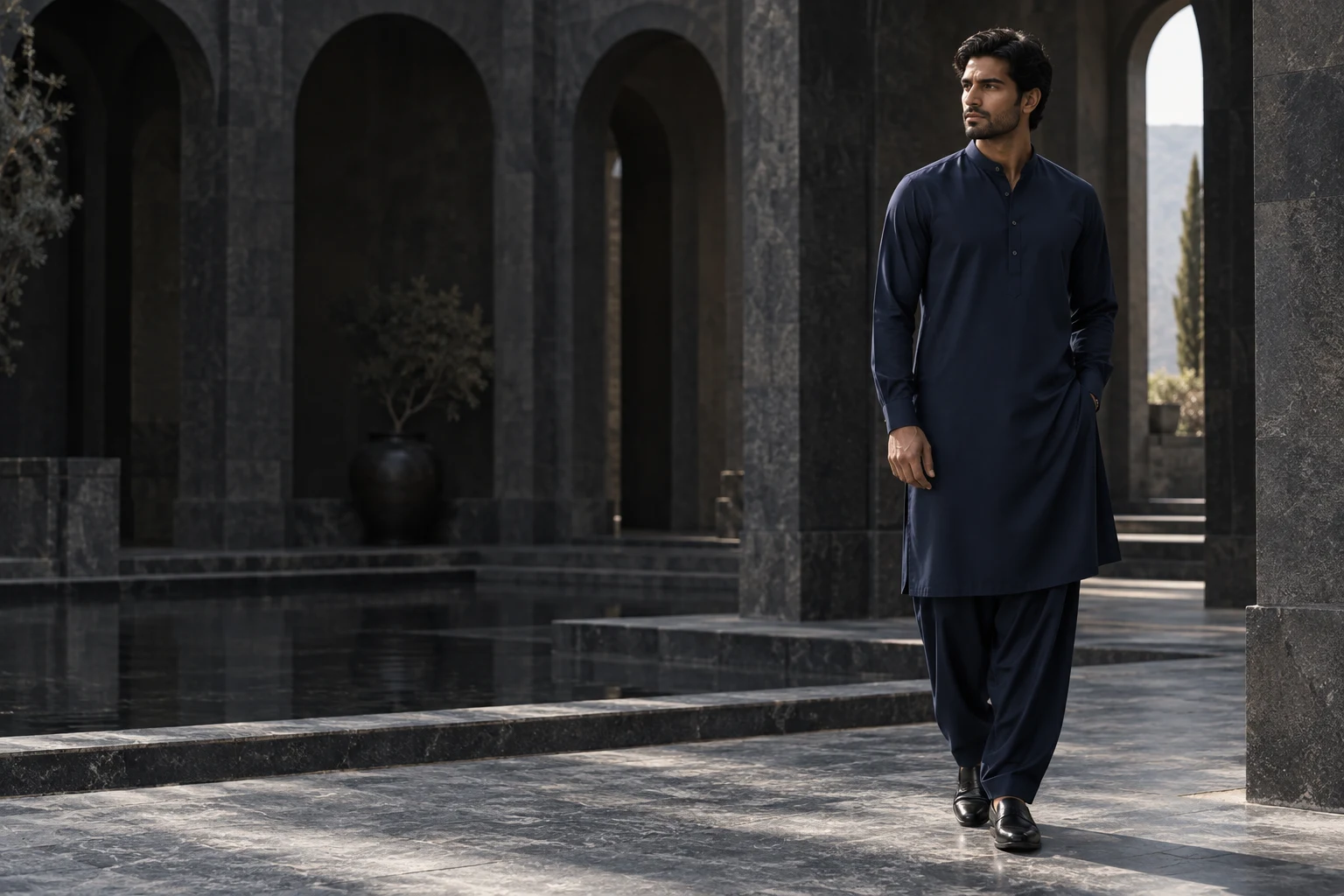 Midnight navy traditional menswear in a stone courtyard